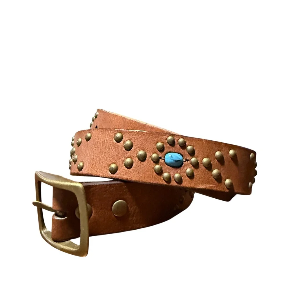 Fossil Womens Brown Leather Studded Turquoise Western Belt BT2404 Medium - Picture 3 of 11